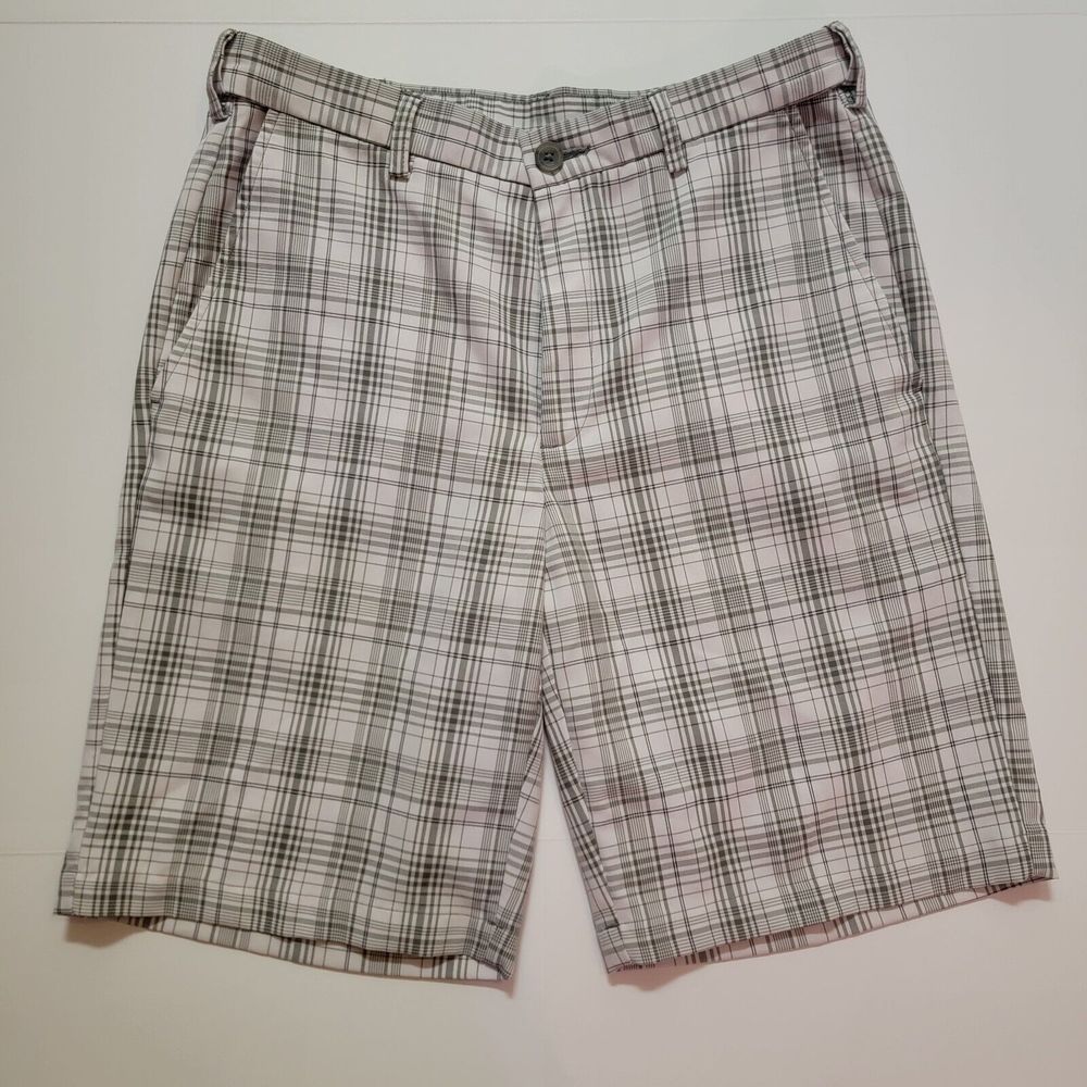 Haggar Men's shorts 32 Beige White Plaid Chino Khaki Pocket Outdoors Lightweight
